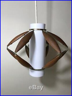 VINTAGE HANGING LAMP MID CENTURY MODERN TEAK Wood GLASS LIGHT PENDANT MCM