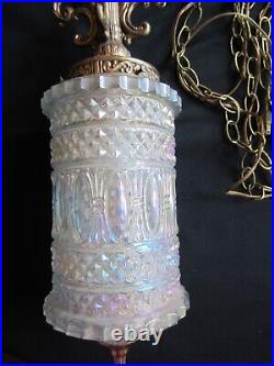 VINTAGE HANGING SWAG LAMP LIGHT Hollywood Regency MCM. IRIDESCENT GLASS & GOLD