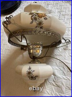 VINTAGE HANGING Swag LAMP, BRASS & GLASS Chandelier Lamp- Autumn Leaves-Floral