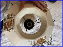 VINTAGE HANGING Swag LAMP, BRASS & GLASS Chandelier Lamp- Autumn Leaves-Floral