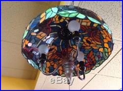 VINTAGE LARGE TIFFANY STYLE STAINED LEADED GLASS 3 ARM HANGING Butterfly LAMP