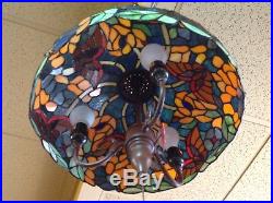 VINTAGE LARGE TIFFANY STYLE STAINED LEADED GLASS 3 ARM HANGING Butterfly LAMP