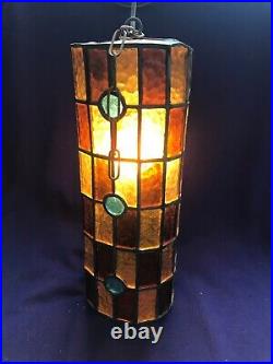 VINTAGE MCM 1960's COLORED STAINED LEADED GLASS HANGING CHANDELIER CYLINDER LAMP