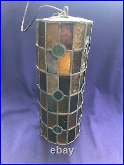 VINTAGE MCM 1960's COLORED STAINED LEADED GLASS HANGING CHANDELIER CYLINDER LAMP