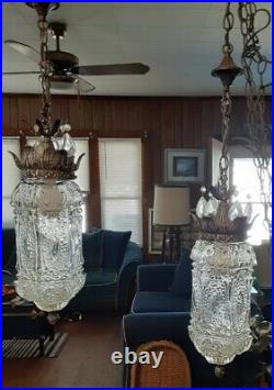 VINTAGE MCM CYLINDER withPRIZMS CLEAR GLASS SWAG LAMP PAIR SET