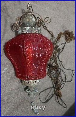 VINTAGE MCM Red Globe HANGING Glass Retro SWAG LAMP 1950-60s