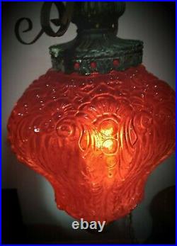 VINTAGE MCM Red Globe HANGING Glass Retro SWAG LAMP 1950-60s