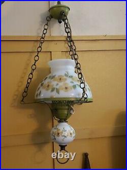 VINTAGE MILK GLASS HANGING CEILING SWAG LAMP LIGHT CHANDELIER 21 Hand Painted