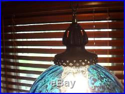 VINTAGE Mid Century Modern Blue Diamond Glass Hanging Swag / Pendant Lamp