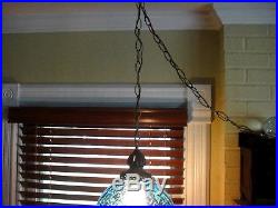 VINTAGE Mid Century Modern Blue Diamond Glass Hanging Swag / Pendant Lamp