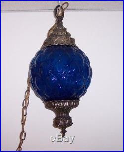 VINTAGE Mid Century Modern Blue Glass Hanging Swag Pendant Lamp Retro
