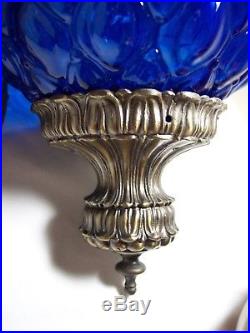 VINTAGE Mid Century Modern Blue Glass Hanging Swag Pendant Lamp Retro