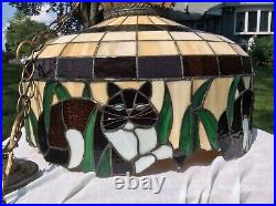 VINTAGE RARE CAT STAINED GLASS HANGING LAMP HANDMADE 70's HEART STAINED GLASS