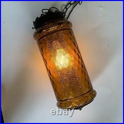 VIntage Mid Century Mod Amber Rootbeer Glass Swag Lamp WITH PLUG & SWITCH