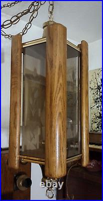 VTG 1950s MCM 26 Hanging Wood & Etched Wheat Glass Candle Lamp 50s Swag Light