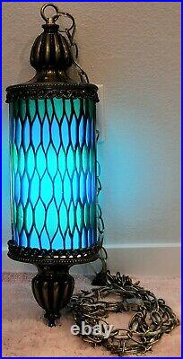 VTG 1968 Moe Honeycomb Blue & Green Swag Lamp Light Works Clean