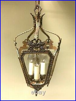 VTG 5 Etched Glass Panels Ornate Bronze Lantern Pendant Hanging Lamp Light Spain