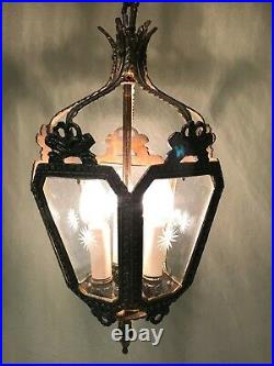 VTG 5 Etched Glass Panels Ornate Bronze Lantern Pendant Hanging Lamp Light Spain