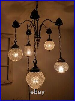 VTG 5 Globe Swag Light Hanging Plug In Lamp Regency Glass Mid Century Chandelier
