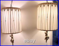 VTG 60s Hollywood Regency Hanging Lamp Swag Brass Cherub Lamp Satin Shade Pair