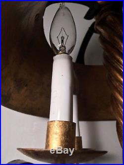 VTG 60s Italian Gold Gilt Chandelier Bouillotte Hanging Light Fixture Tole Lamp