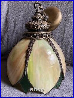 VTG 6 Panel Caramel Slag Glass Tulip Ceiling Hanging Lamp Fixture MCM Victorian