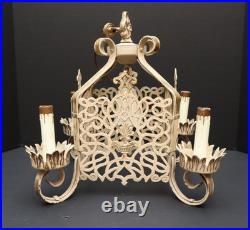 VTG ART DECO Hanging Lamp Gothic Spanish Revival Chandelier 4 Light Fixture ATQ