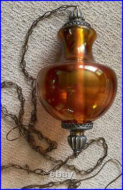 VTG Amber Glass Pendant Light Ceiling Hanging Mid Century Modern SWAG LAMP Acorn
