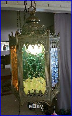 VTG BRASS TURKISH STYLE 6 SIDED HANGING SWAG LAMP WithTEXTURED COLORED GLAS PANELS