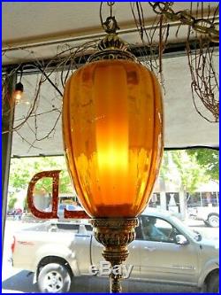 VTG Brass Amber Glass Hollywood Regency Mid Century Swag Hanging Lamp Free Ship