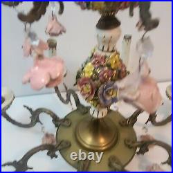 VTG Brass Applied Flowers Pink Roses Chandelier Hanging Swag 8 Lamp Light Italy
