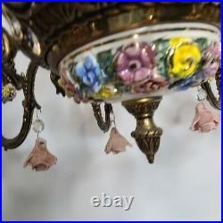 VTG Brass Applied Flowers Pink Roses Chandelier Hanging Swag 8 Lamp Light Italy