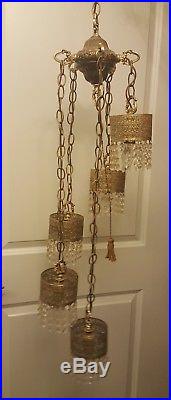 VTG Brass Crystal Prism 5 tier Hanging Swag Light Lamp Brass Hollywood Regency
