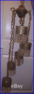 VTG Brass Crystal Prism 5 tier Hanging Swag Light Lamp Brass Hollywood Regency