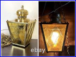 VTG Brass Hanging Lamp 4 Panel Yellow Glass Light MCM Porch French Country 13x8
