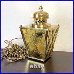 VTG Brass Hanging Lamp 4 Panel Yellow Glass Light MCM Porch French Country 13x8