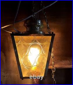 VTG Brass Hanging Lamp 4 Panel Yellow Glass Light MCM Porch French Country 13x8