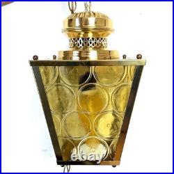 VTG Brass Hanging Lamp 4 Panel Yellow Glass Light MCM Porch French Country 13x8
