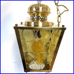VTG Brass Hanging Lamp 4 Panel Yellow Glass Light MCM Porch French Country 13x8