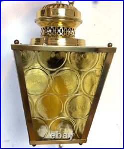 VTG Brass Hanging Lamp 4 Panel Yellow Glass Light MCM Porch French Country 13x8