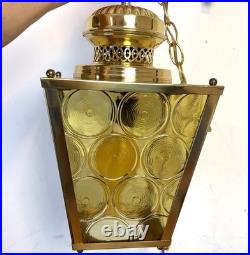 VTG Brass Hanging Lamp 4 Panel Yellow Glass Light MCM Porch French Country 13x8