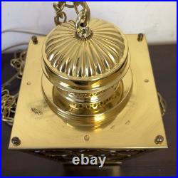 VTG Brass Hanging Lamp 4 Panel Yellow Glass Light MCM Porch French Country 13x8