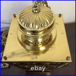 VTG Brass Hanging Lamp 4 Panel Yellow Glass Light MCM Porch French Country 13x8