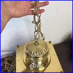 VTG Brass Hanging Lamp 4 Panel Yellow Glass Light MCM Porch French Country 13x8