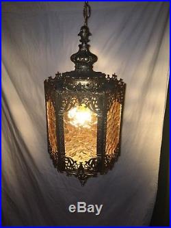 VTG Chandelier Swag Hanging Light Lamp Amber Glass Hollywood Regency Gothic