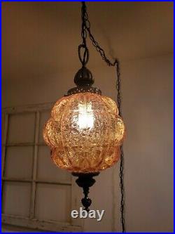 VTG Crackle Swag Hanging Light Amber Bubble Glass Globe Mid Century Lamp