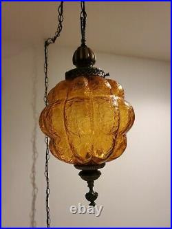 VTG Crackle Swag Hanging Light Amber Bubble Glass Globe Mid Century Lamp