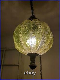 VTG Crackle Swag Hanging Light Green Melon Shaped Glass Globe Mid Century Lamp