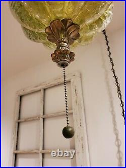 VTG Crackle Swag Hanging Light Green Melon Shaped Glass Globe Mid Century Lamp