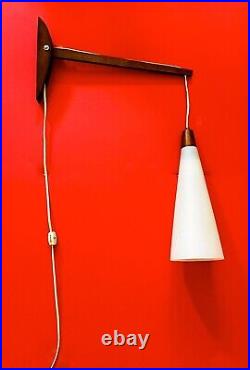 VTG Danish-Modern MCM Hanging Wall Mount Lamp/light Frosted Glass/Walnut
